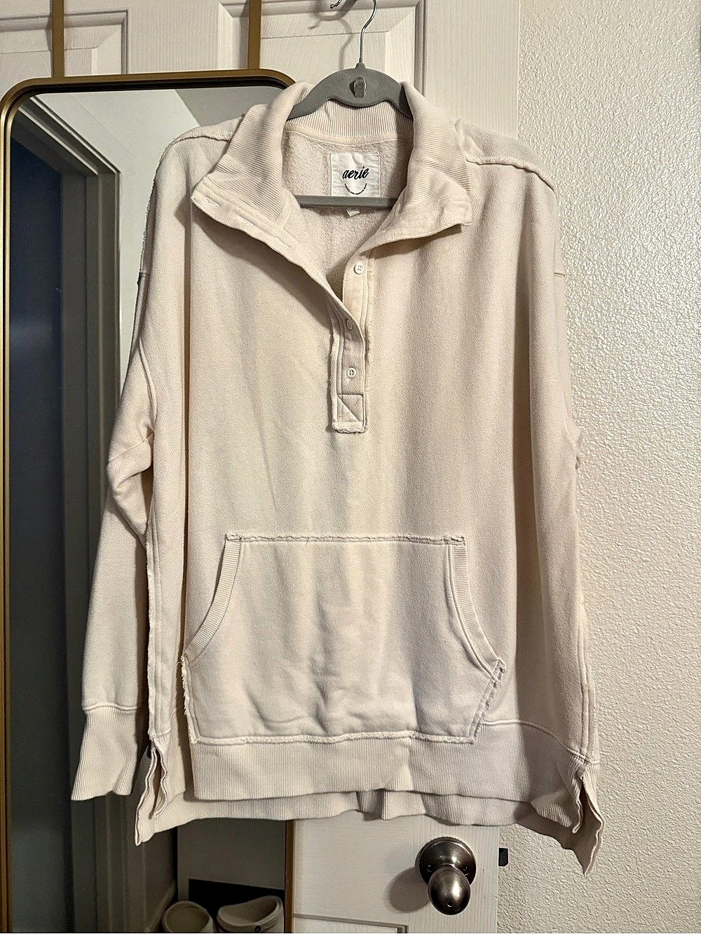 Aerie Oversized Cream Quarter Button Sweatshirt Large